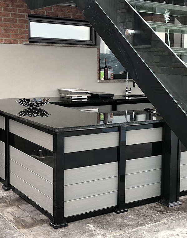 Ezfence-elite-light-grey-outdoor-screening-decorative-panel-garden-kitchen outdoor-fencing aluminum structure posts black contrast